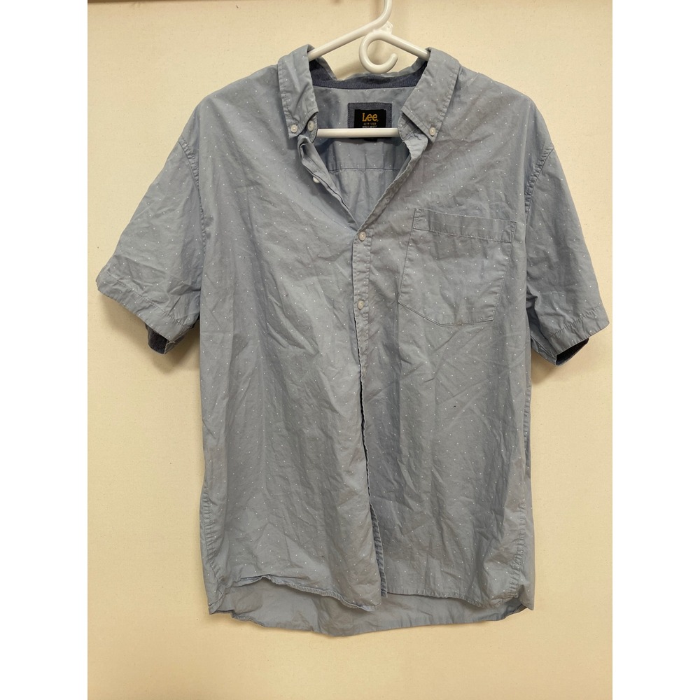 Lee Mens XL Regular Fit Short Sleeve Button Down Shirt Blue Polka Dot Cotton